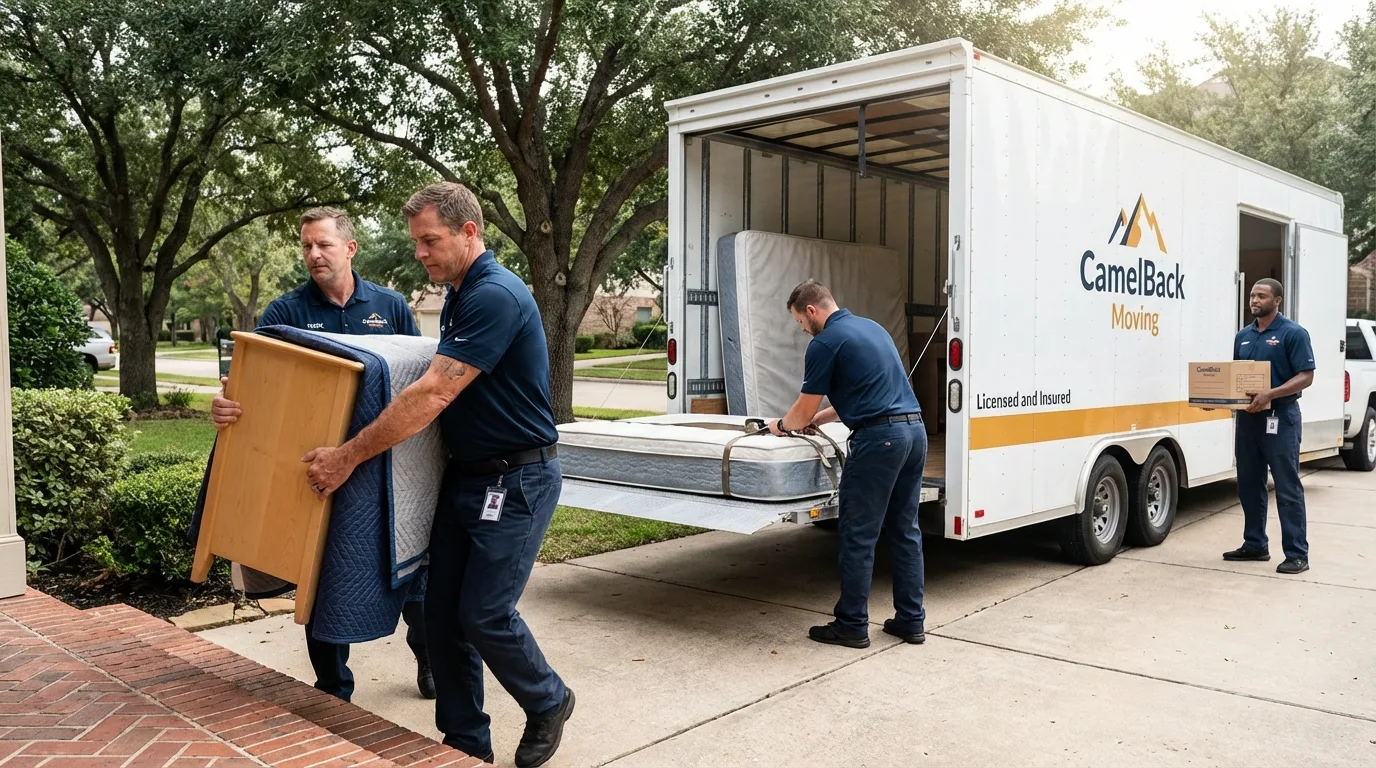 Crew loading residential truck for cross-state move from Rowlett, TX