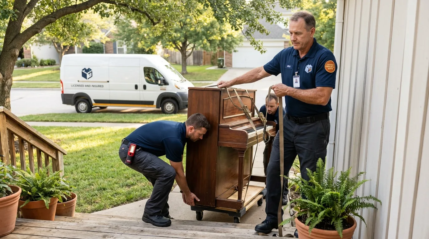 Licensed piano movers securing grand piano in Rowlett, TX
