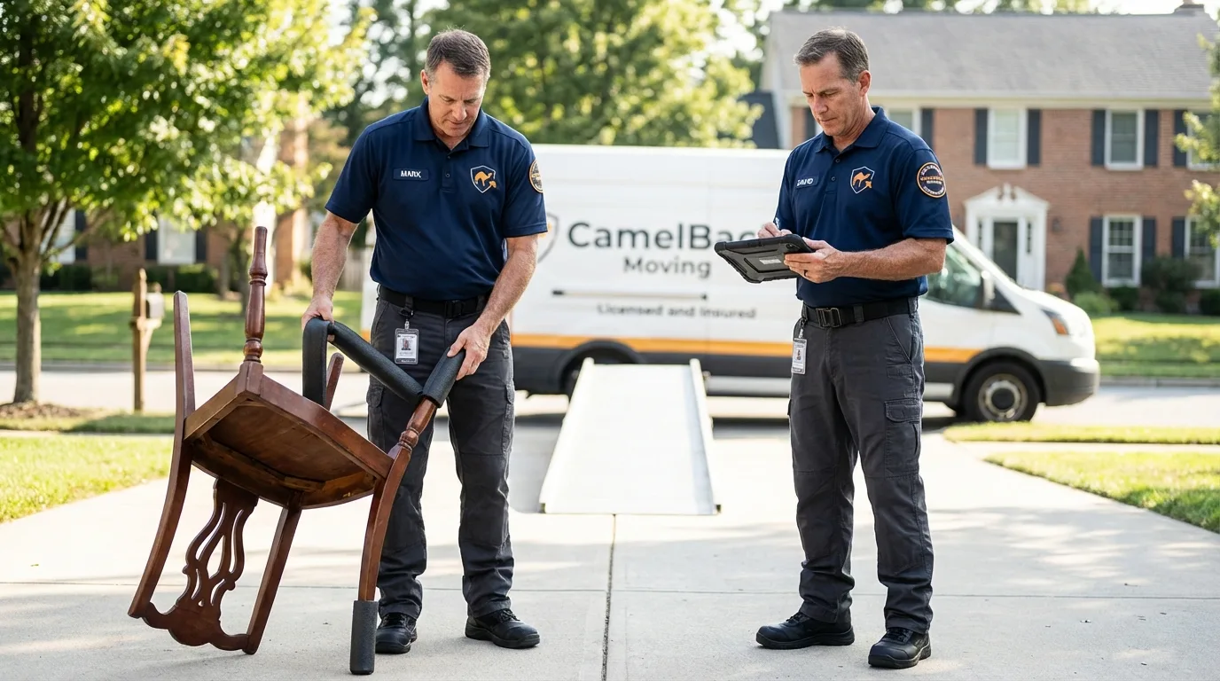 Movers inspecting furniture for damage prevention before loading in Rowlett, TX